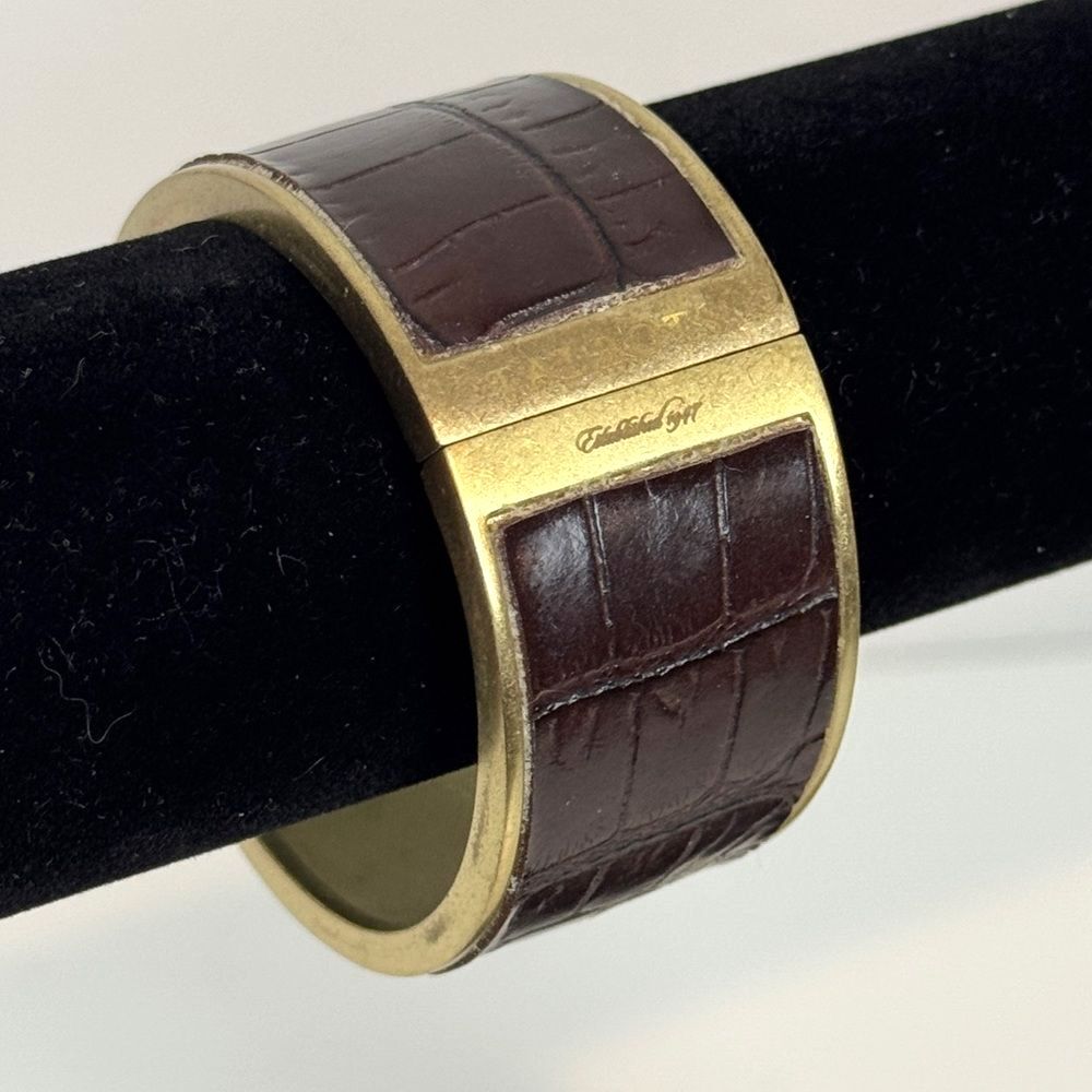 Vintage Talbots Brown Embossed Leather Gold Tone Hinged Bangle Bracelet